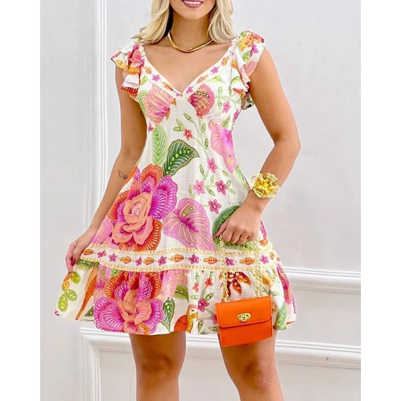 2024 New Spring Summer New Women's Sexy Sleeveless Wide Camisole V-neck Backless Print Dress